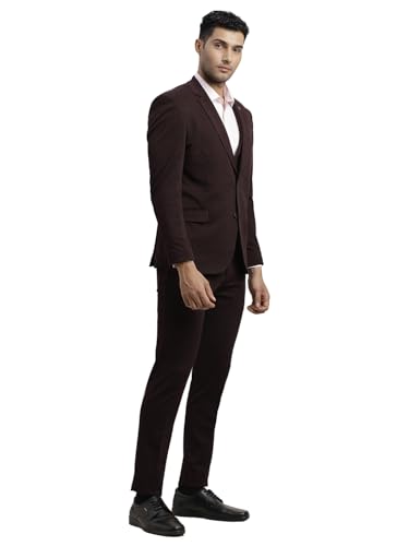 Turtle Men 100% Cotton Dobby Print Full Sleeve Three Piece Brown Formal Suit