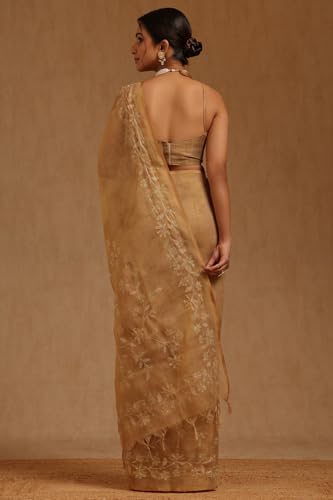 Soch Womens Gold Linen Floral Printed Saree With Zari
