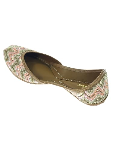 Fulkari Women's Zigzag Peach Gold Soft Leather Embroidered Jutis | Bite and Pinch Free Jutti | Punjabi Formal Juttis | Girl's Wedding Flat Mojari | Formal Ethnic Juti | 36