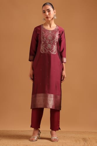 Soch Womens Wine Organza Botanical Zari Woven Hand Embroidered Salwar Suit