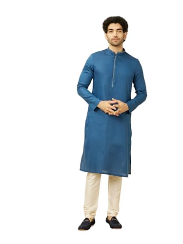 Manyavar Mens Blue Cotton Kurta Pyjama Set