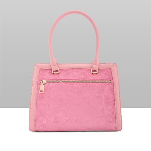 Caprese Katherine Medium Monogram Velvet Satchel for Women | Elegant Multi-Compartment Shoulder Handbag with Adjustable & Detachable Strap | Textured Velvet Designer Work & Party Purse (Pink Sorbet)