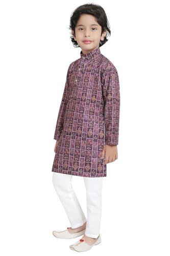 TinySteps Traditional Ethnic Wear Boys Printed Kurta With Sequence Work And White Cotton Elastic Waist Pajama Set (Wine)