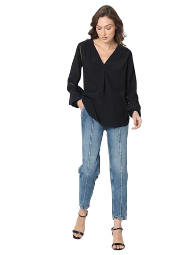 VERO MODA Women's Solid Regular Fit T-Shirt (Black) - SaumyasStore