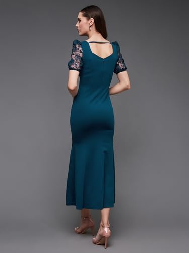 Miss Chase Women's Square Neck Short Puff Sleeve Self Design Lace Overlaid Bodycon Maxi Dress (MCAW25D87-01-UVE-05, Harbor Teal, L)
