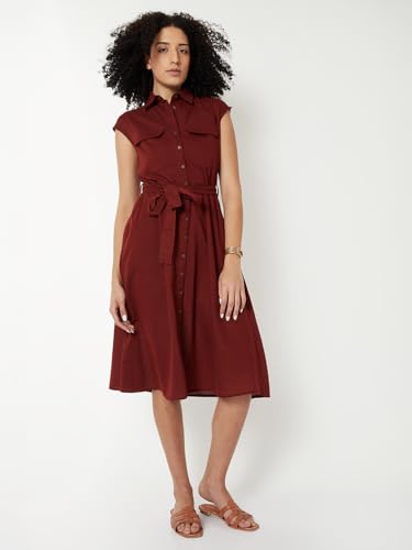 Max Women Solid Shirt Dress with Belt(Maroon_XS)