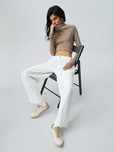 The Souled Store Cotton Linen Pants: Cruise Women Girls Elastic Waistband Off-White Striped Cotton Linen Blend Barrel Fit Lightweight Everyday Casual Pants