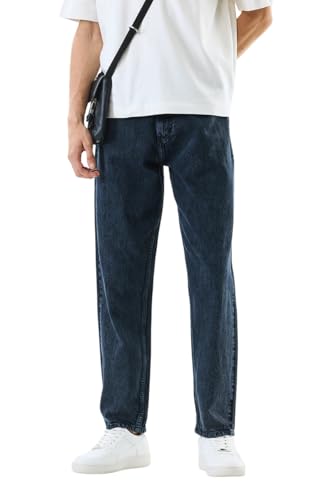 SNITCH Men Jeans | Baggy Fit Relaxed Style with Mid Rise & Wide-Leg Design | 100% Cotton Woven Denim for Casual & Street Wear |Dark Blue
