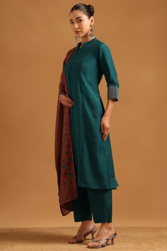 Soch Womens Teal Silk Blend Botanical Zari Embroidery Salwar Suit