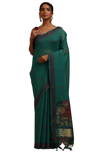 Soch Womens Teal Chanderi Woven Design Saree