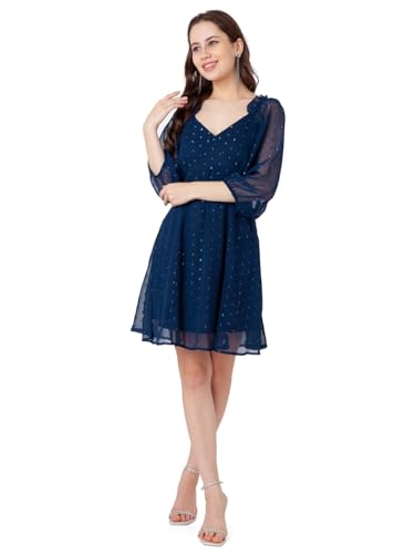 Zink London Women's Blue Self Design A-Line Short Dress