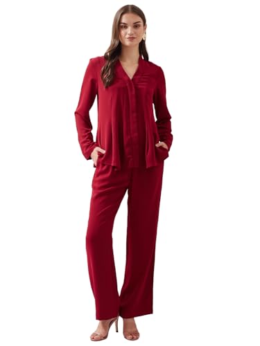 Latin Quarters Women Solid Red Full Sleeves V-Neck High Rise Casual Co-ord Set (in, Alpha, M, Regular)