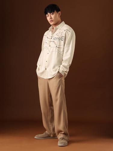 The Souled Store Nomad: Lines of Stitch Men and Boys Long Sleeve Spread Collar Beige Embroidered Linen Blend Casual Lightweight Easy to Style Office Wear Oversized Shirt