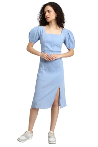 FOREVER 21 Women's Cotton Modern Above The Knee Dress (FWA23CDRF0077_Blue