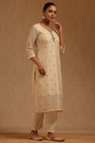 Soch Womens Cream Chanderi Woven Design Kurta Set With Mirror Work