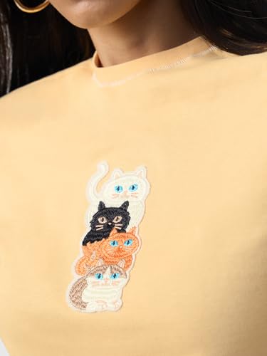 The Souled Store Pets On Prints: Women and Girls Short Sleeves Mock Neck Light Yellow Embroidered Cotton Regular Fit Breathable Lightweight Everyday Streetwear T-Shirt