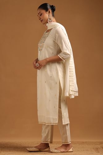 Soch Womens Off-White Pure Cotton Floral Embroidered Zari Woven Salwar Suit