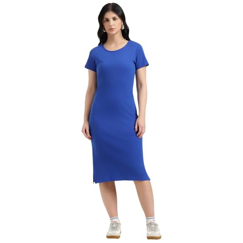 United Colors of Benetton Round Neck Solid Bodycon Dress (Size : XS) - 26P3RYCD400YI19R Blue