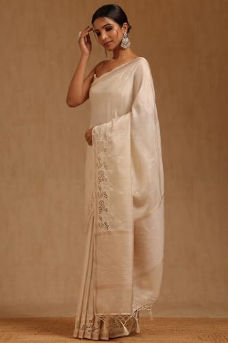 Soch Womens Cream Tussar Floral Printed Saree With Thread Work