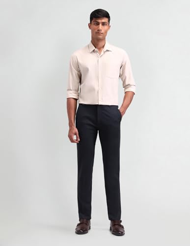 Arrow New York Men's Blue Self-Design Mid Rise Polyester Button Slim Fit Flat Front Slant Pocket Trousers (ANAITR2272_Blue_40)