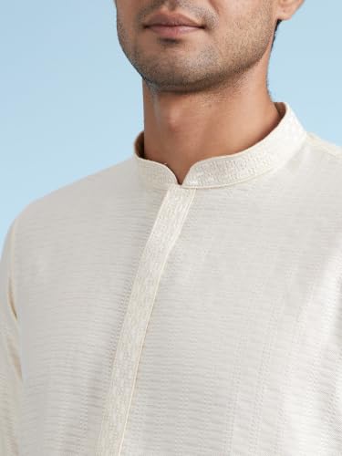 DIWAS BY MANYAVAR Men's Viscose Blend Self Design Long Kurta Pyjama Set (Cream,L)