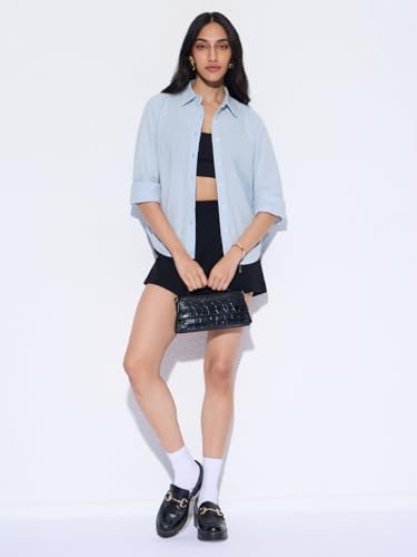 The Souled Store Cotton Linen: High Tide Women and Girls Full Sleeves Spread Collar Light Blue Striped Cotton Linen Blend Regular Fit Lightweight All-Season Shirt