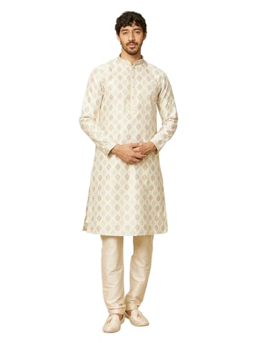 Manyavar Mens Cream Brocade Printed Kurta Pyjama Set