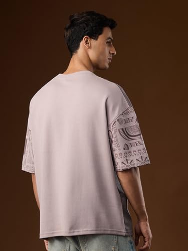 The Souled Store Nomad: Tell Me Men and Boys Short Sleeves Round Neck Mauve Graphic Printed Comfortable Casual Drop Shoulder Streetwear Trendy Super Oversized T-Shirt