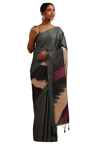 Soch Womens Grey Tussar Hand Embroidered Tropical Saree