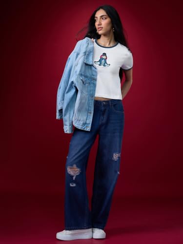 The Souled Store Winnie The Pooh: Eeyore Women and Girls Short Sleeves Round Neck White Embroidered Cotton Regular Fit Lightweight Everyday Streetwear Crop T-Shirt