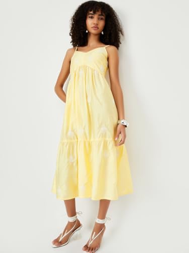 Max Women's Polyester A-Line Midi Dress (TL55002_Lemon