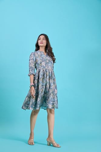 ORICA FASHION Women's Blue Poly Crepe Printed Fit & Flare Dress | Stylish Party Dress for Women & Girls (XL)