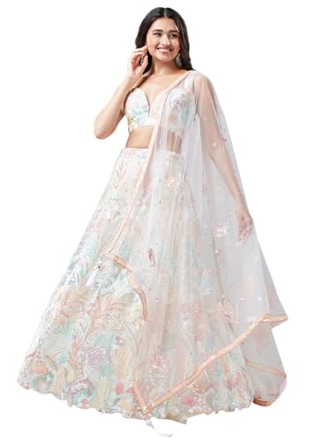 Zeel Clothing Women's Sequins Embroidered Soft Net Lehenga Choli With Dupatta (6032-Off-White-Wedding-Lehenga-Choli-New; Free Size)