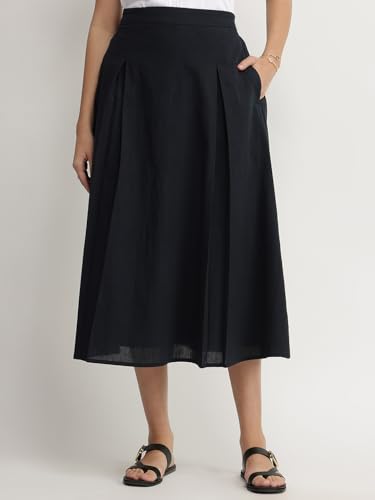 Pink Fort Linen Blend Solid Flared Skirt - Black