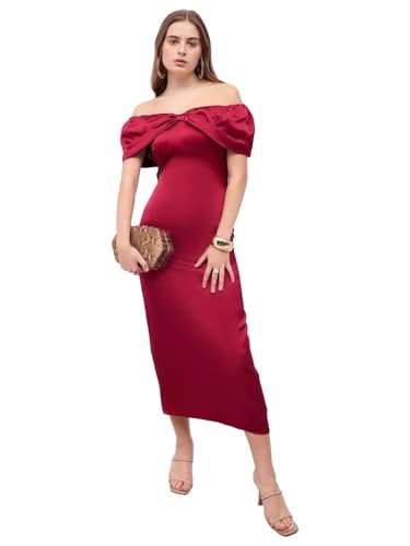 Styli Women Off-Shoulder Sheath Maxi Dress Wine