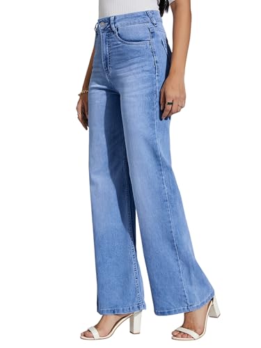 Miss Chase Women's Wide-Leg High-Rise Regular-Length Stretchable Shaping Denim Jeans (MCAW25DEN62-54-350-28, Baby Blue, 28)