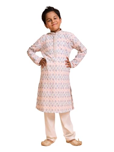 Manyavar Boys Cotton Blend Chikankari Printed & Sequinned Kurta Pyjama Set (Warm White,2-3Y)