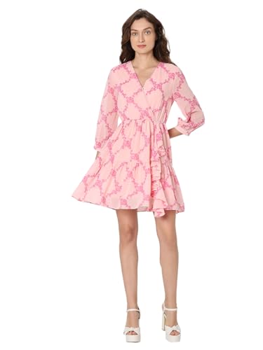 VERO MODA Women Floral Print Pink Polyester Above Knee Length Fit and Flared Dress