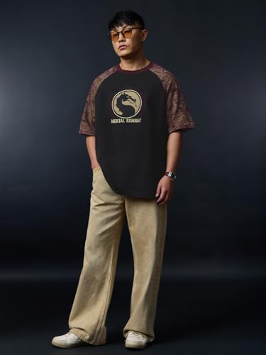The Souled Store Mortal Kombat: Finish Him Men and Boys Short Sleeves Round Neck Black Embroidered Casual Lightweight Drop Shoulder Streetwear Trendy Cotton Oversized T-Shirt