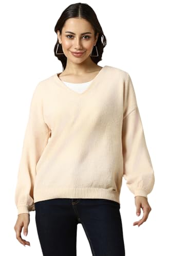Women Beige Solid V Neck Casual Sweater