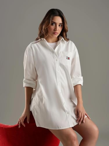 Tommy Hilfiger Cotton Spread Collar Shirt Dress Ecru