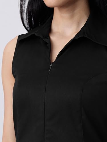 The Souled Store Tennis Dress: Smoked Black Women and Girls Sleeveless Collared Neck Solid Polyester Slim Fit Lightweight Pleated Hem Casual Skater Tennis Dress