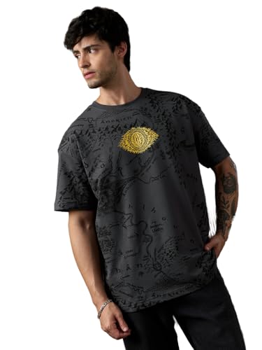 The Souled Store LOTR: One Ring Men and Boys Short Sleeves Round Neck Grey Graphic Printed Casual Lightweight Drop Shoulder Streetwear Trendy Oversized T-Shirt