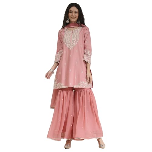Biba Women Light Pink Cotton Silk Embroidered Straight Suit Set_40