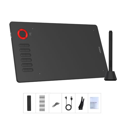 VEIKK A15PRO Graphic Drawing Pen Tablet 10 * 6 inch with 12 Hotkeys and a Quick Dial Support Windows, Mac, Linux, Tilt Pressure (8192 Level Pressure Battery -Free Stylus) (Red)