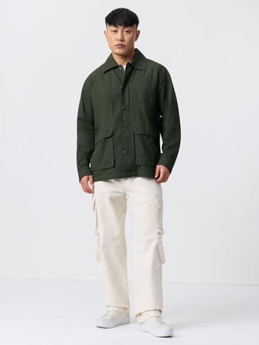 The Souled Store Utility Shacket: Dark Basil Men and Boys Long Sleeve Spread Collar Dark Green Solid Lightweight Easy to Style Everyday Office Wear Casual Cotton Shirt