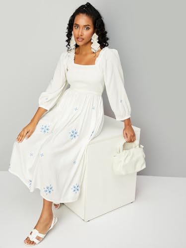 Max Below The Knee Women's Square Neck Smocked A-Line Dress (Embdrs41001Off White)_M
