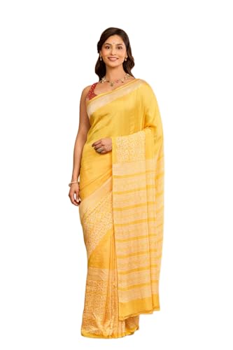 Taneira Women Light Yellow Murshidabad Block Print Pure Silk Saree with Unstitched Blouse Piece (SAIH01AB2068-Light Yellow)