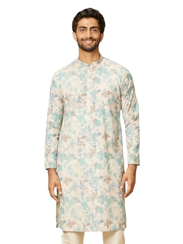 Manyavar Men's Aqua Green Floral Printed Kurta (M)