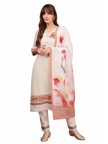 NIVANA Hand Embroidered & Chikankari Kurta with Pant & Floral Printed Dupatta | L | Cream | V-Neck | 3/4 Sleeves | Straight Fit